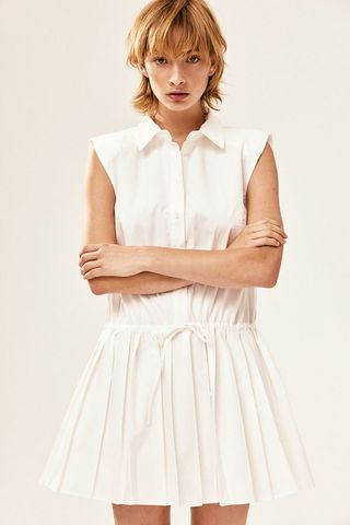 Shoulder-Pad Dress With Pleated Skirt