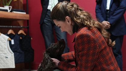 Catherine, Princess of Wales meets Barney the Dog during a visit to Hiut Denim on February 3, 2026