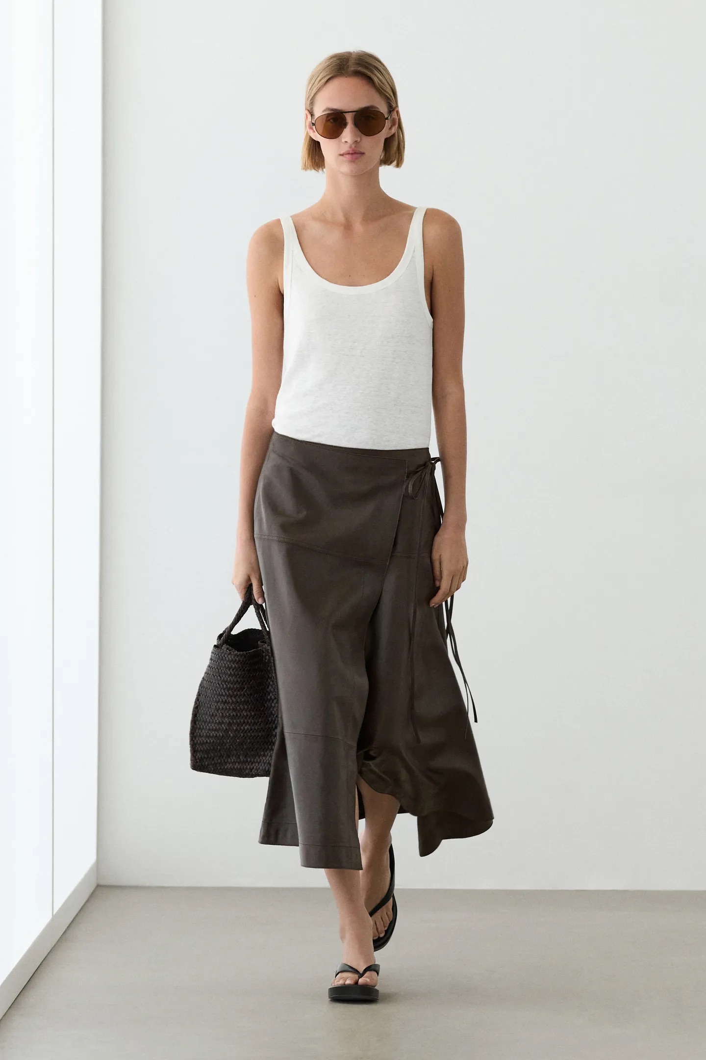 Massimo Dutti, Nappa Leather Midi Skirt With Tie Detail