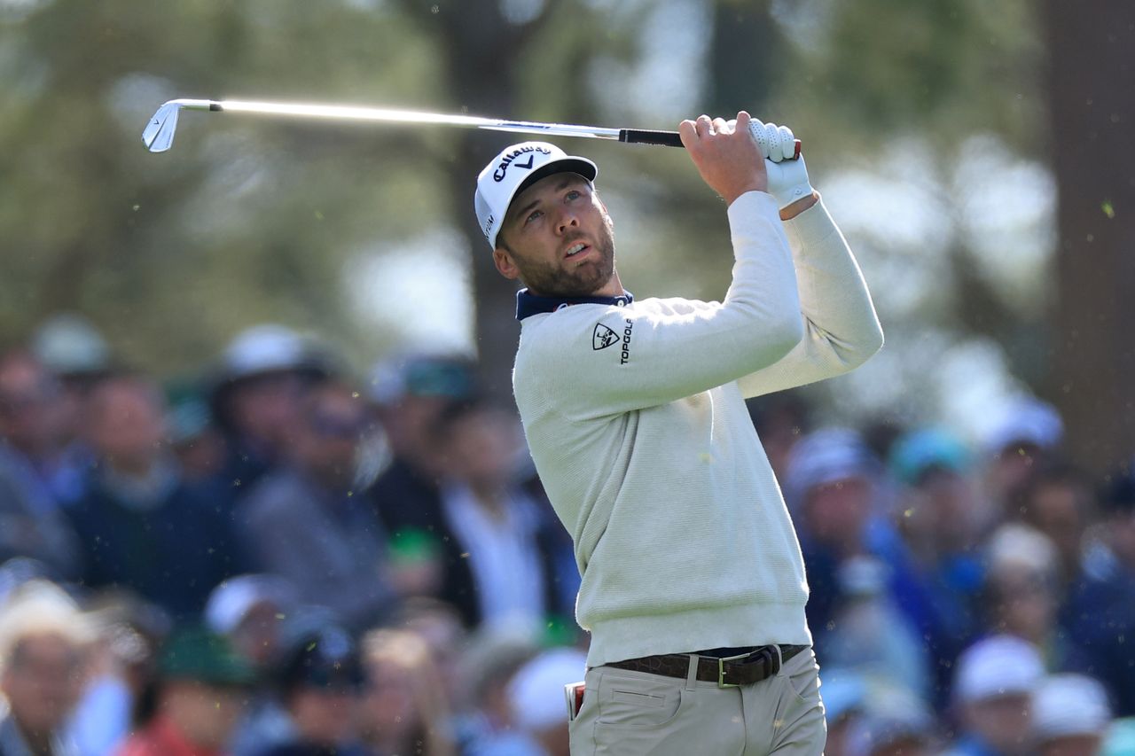 Sam Burns tees off on the 4th hole during the first round of the 2026 Masters Tournament at Augusta National Golf Club
