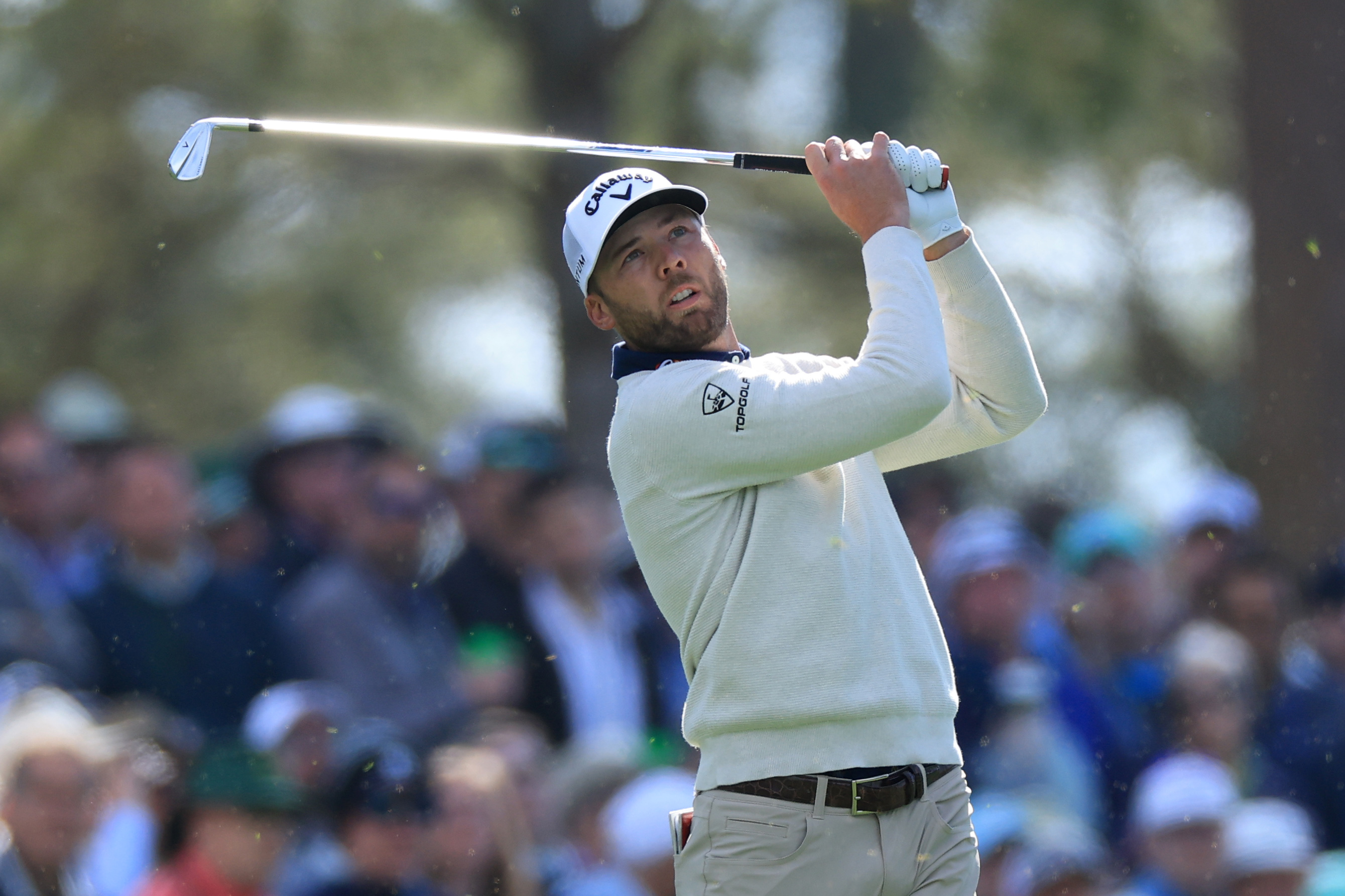 Sam Burns tees off on the 4th hole during the first round of the 2026 Masters Tournament at Augusta National Golf Club
