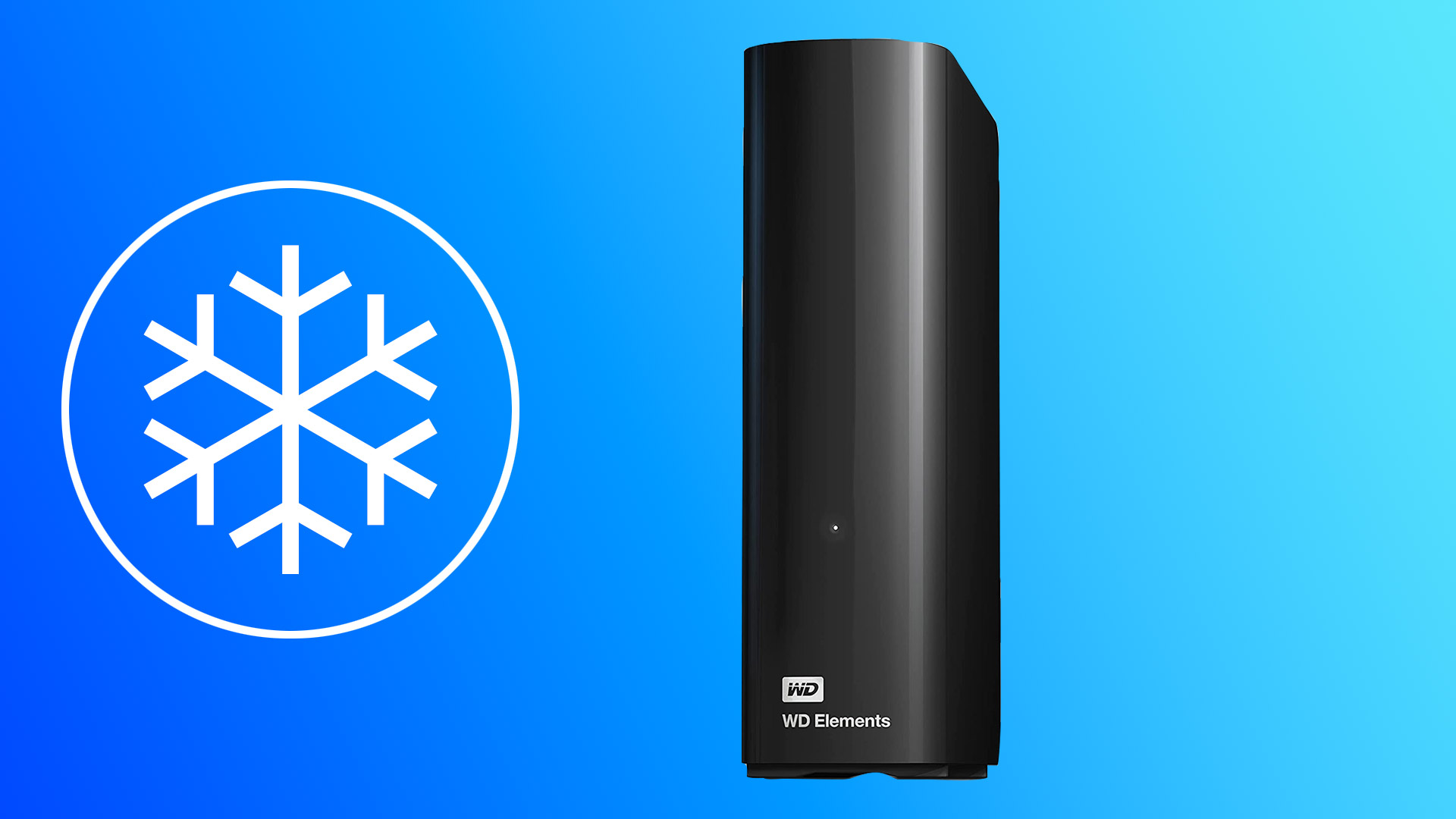 A WD Elements 20TB hard drive on a blue background with an image of a snowflake next to it