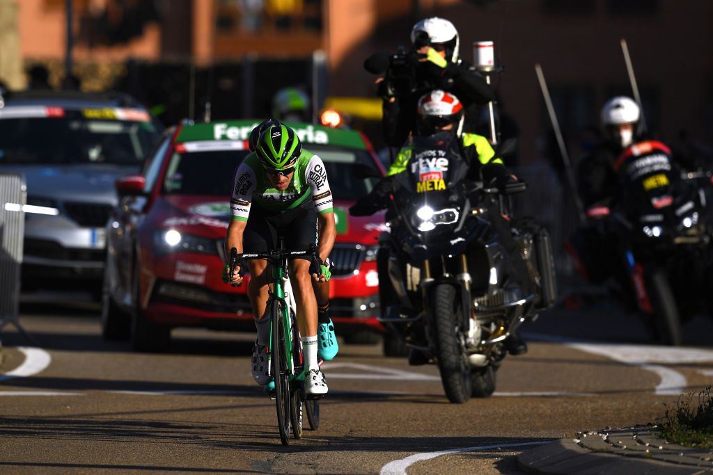AGUILAR DE CAMPOO SPAIN OCTOBER 29 Aritz Bagues Kalparsoro of Spain and Team Caja RuralSeguros RGA Juan Felipe Osorio Arboleda of Colombia and Team Burgos BH Breakaway during the 75th Tour of Spain 2020 Stage 9 a 1577km stage from Cid Campeador Military Base Castrillo del Val to Aguilar de Campoo lavuelta LaVuelta20 on October 29 2020 in Aguilar de Campoo Spain Photo by David RamosGetty Images