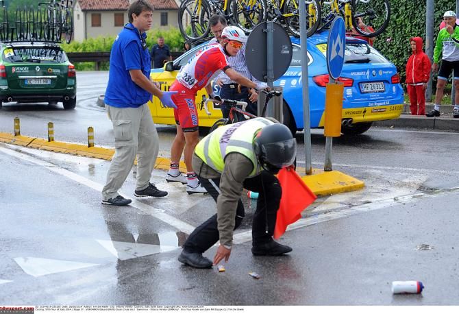 Eduard Vorganov (Katusha) slid out in a roundabout