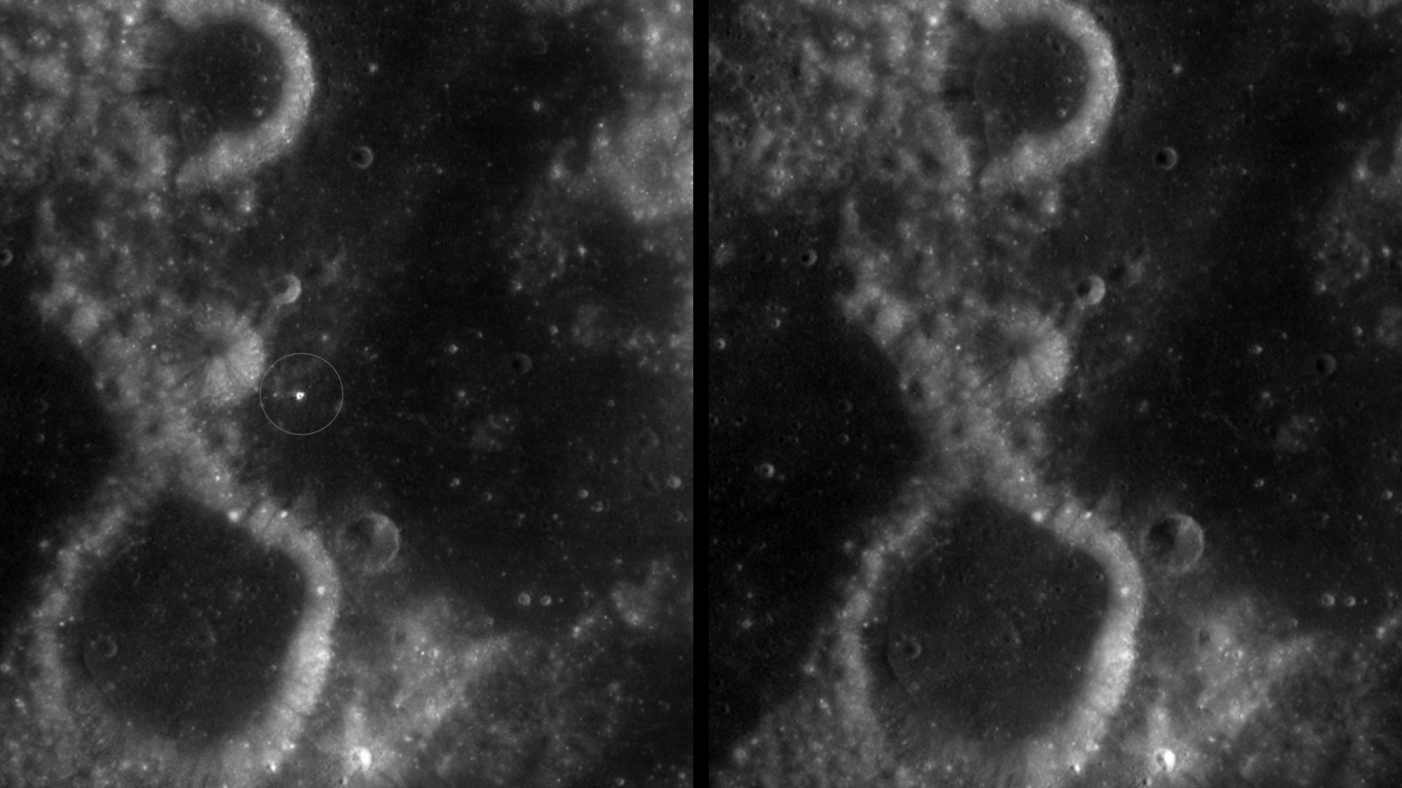 A black and white before and after image of an uneven surface. On the left, a white dot is circled. On the right, the dot isn't there.