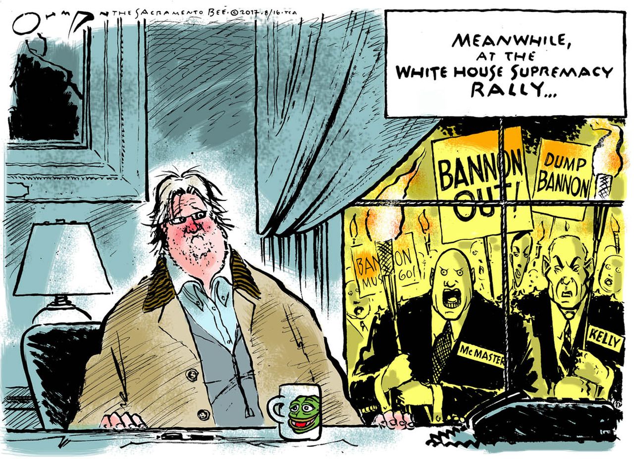 Political cartoon U.S. Trump Bannon white supremacy White House protest