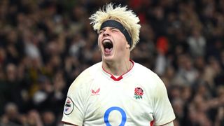 Henry Pollock of England celebrates his team's fourth try during the Quilter Nations Series 2025 rugby international match between England and New Zealand at Allianz Stadium on November 15, 2025 in London, England. 
