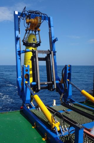The REMUS 6000 as it is deployed off the Colombian Navy research ship ARC Malpelo.