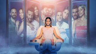 Deep Fake Love key art featuring presenter Raquel Sánchez-Silva in a chair and a composite of the five couples that make up the Deep Fake Love cast