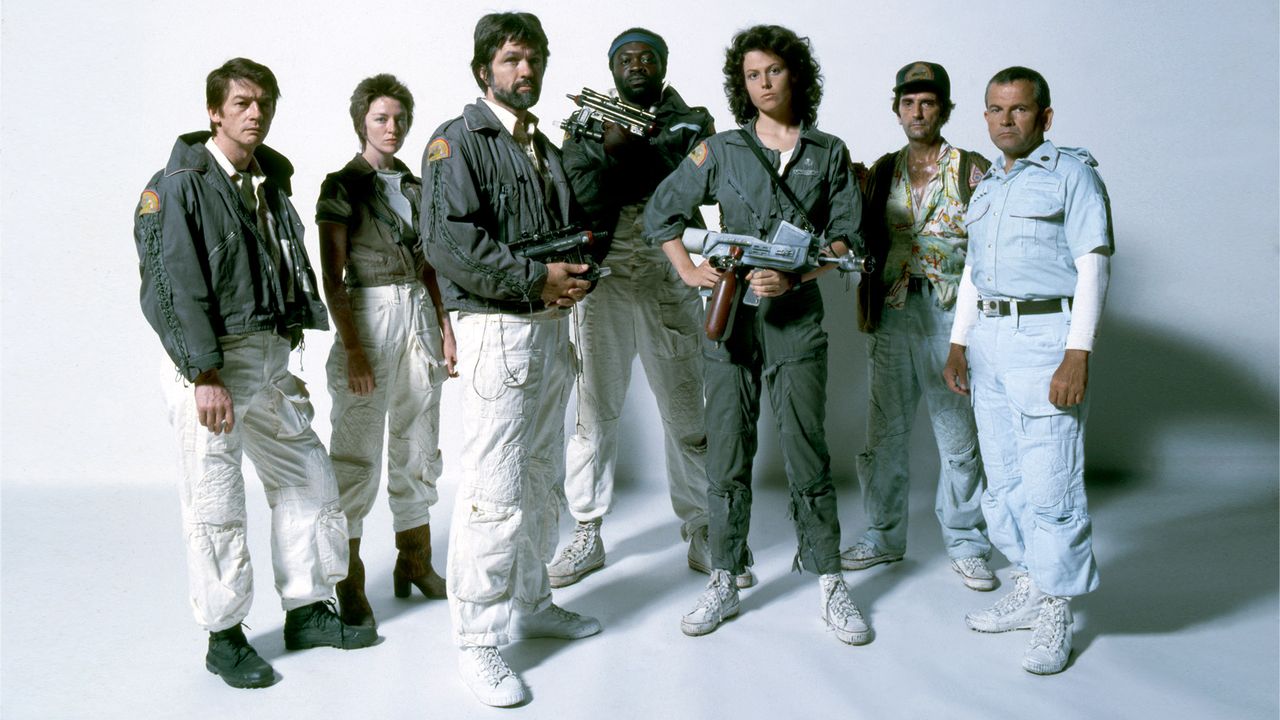 Actors Sigourney Weaver, Veronica Cartwright, John Hurt,Tom Skerritt, Yaphet Kotto, Harry Dean Stanton and Ian Holm on the set of "Alien," directed by Ridley Scott.