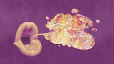 Photo collage of Donald Trump's mouth exhaling a cloud of viruses