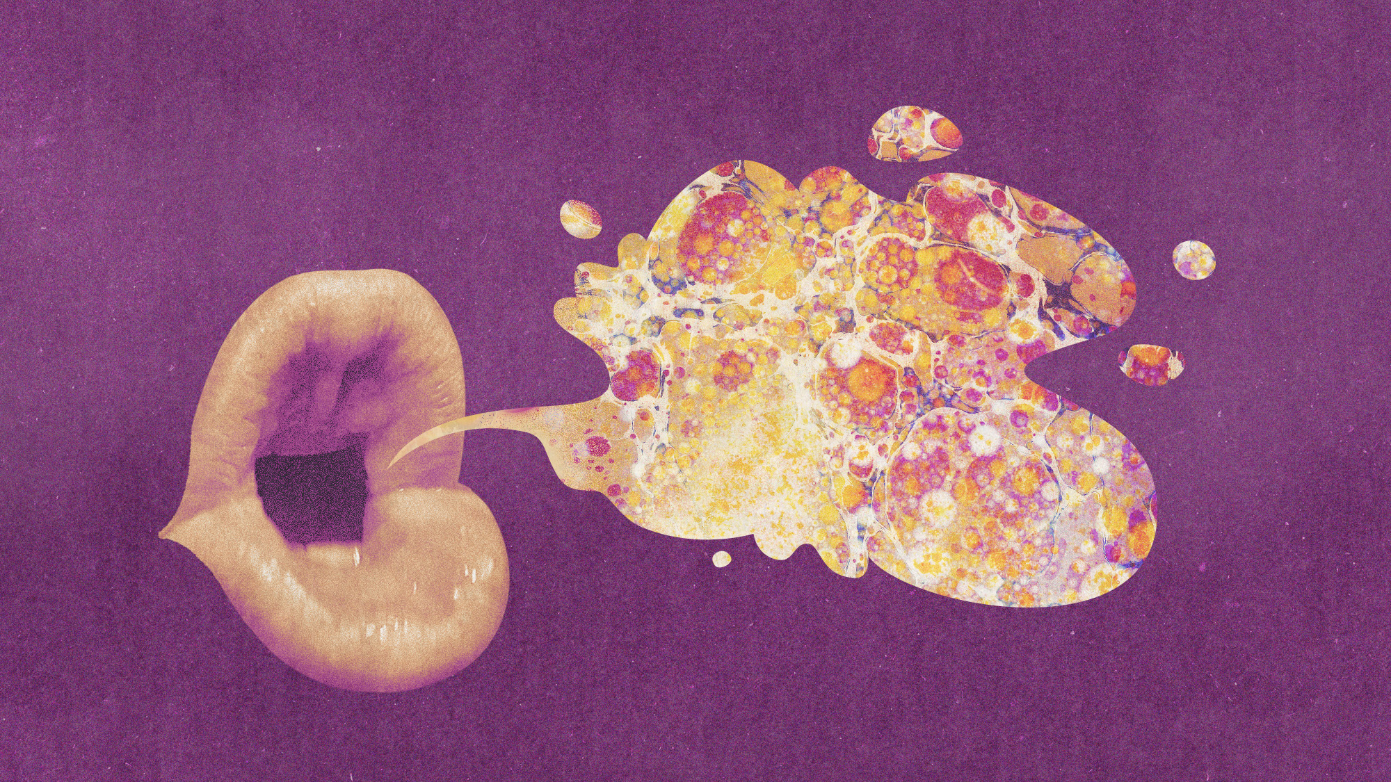 Photo collage of Donald Trump's mouth exhaling a cloud of viruses