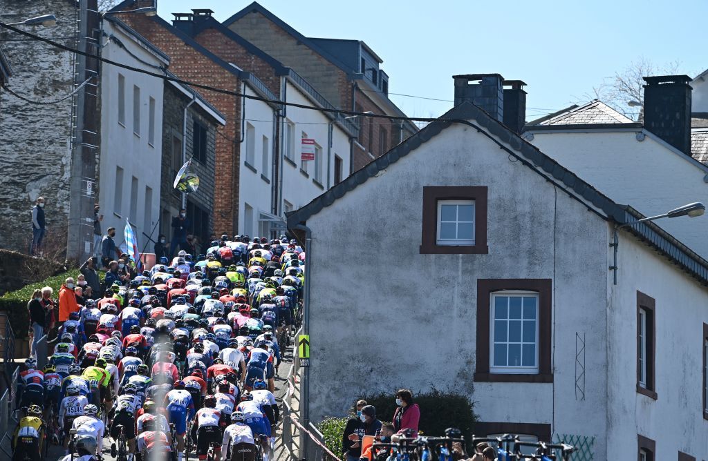 The pack rides during the LiegeBastogneLiege one day cycling race from Liege to Liege on April 25 2021 Belgium OUT Photo by ERIC LALMAND Belga AFP Belgium OUT Photo by ERIC LALMANDBelgaAFP via Getty Images
