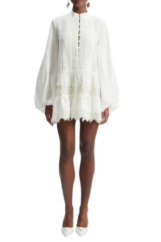 Antonia Lace Trim Long Sleeve Linen Minidress