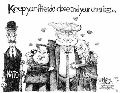 Political cartoon U.S. Trump friends enemies Putin Kim Jong Un NATO European Union