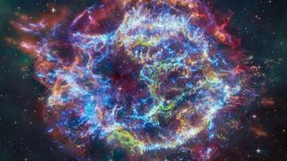 This image of the supernova remnant Cassiopeia A combines data from NASA's Chandra, James Webb, Hubble and Spitzer space telescopes.