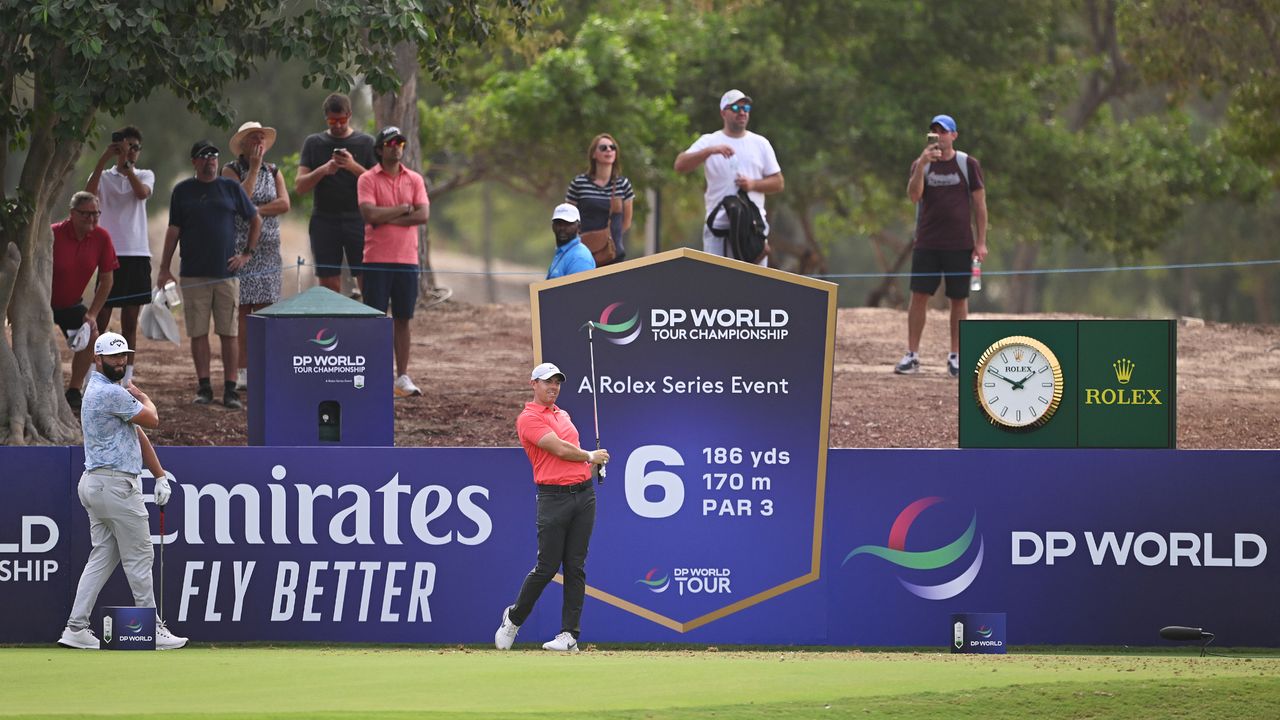 Jon Rahm and Rory McIlroy at the DP World Tour Championship