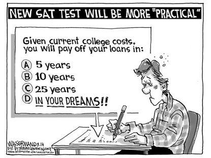 Editorial cartoon SATs college debt