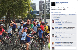 Arnold Schwarzenegger meets young cyclists in Melbourne (Photo: Facebook)