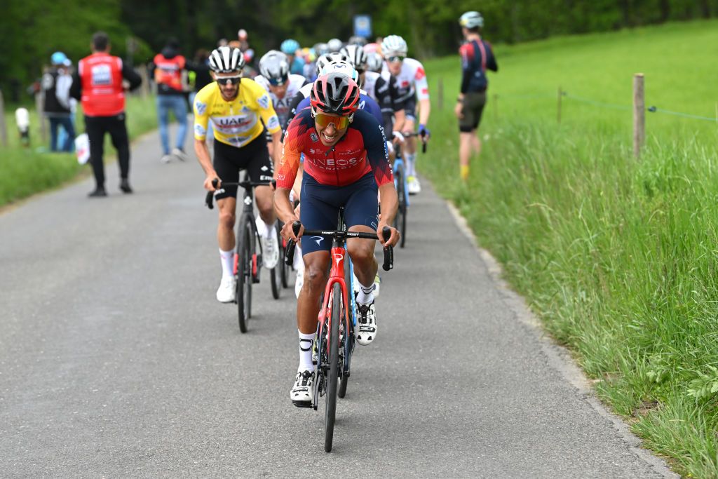 Egan Bernal leads the peloton on a mid-race climb at the final stage of the Tour de Romandie