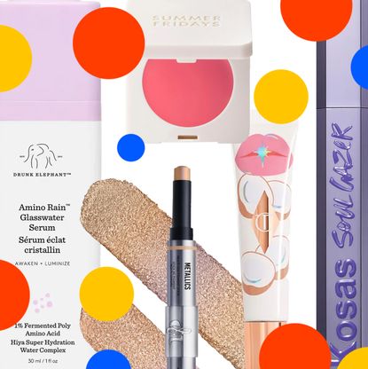 Product collage of Danessa Myricks BeautyColorfix Stix, Drunk Elephant Amino Rain&trade; Glasswater Serum, Kosas Soulgazer Lengthening Mascara, Summer Fridays Blush Butter Balm, Charlotte Tilbury Unreal Lips Healthy Glow Nectar Oil, on white background with red, yellow, and blue polka dots 