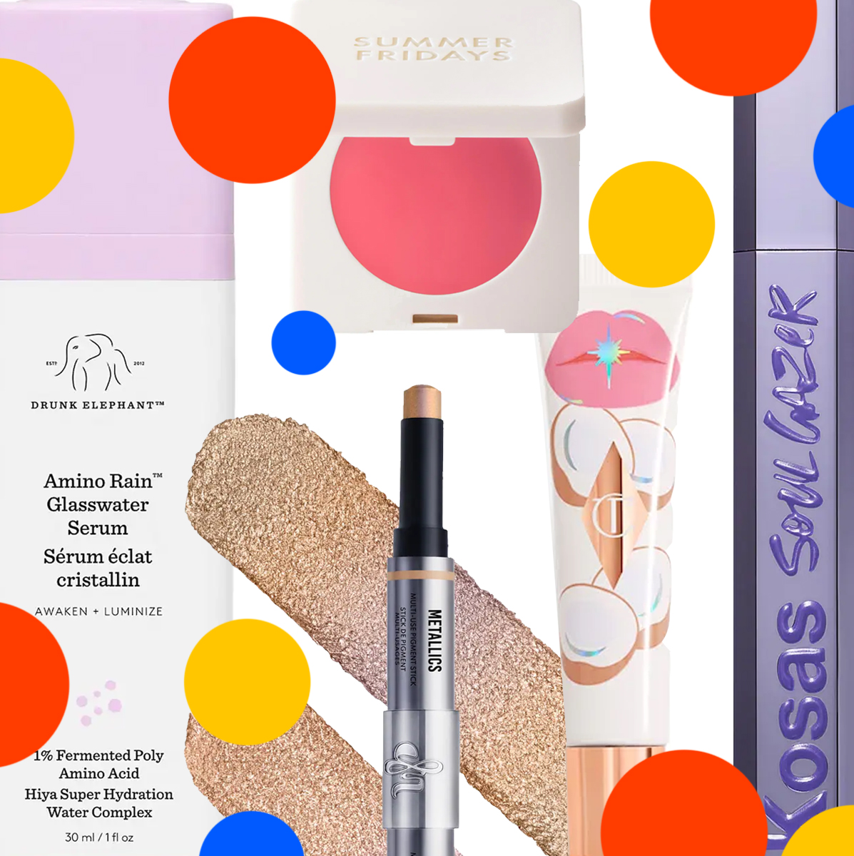 Product collage of Danessa Myricks BeautyColorfix Stix, Drunk Elephant Amino Rain™ Glasswater Serum, Kosas Soulgazer Lengthening Mascara, Summer Fridays Blush Butter Balm, Charlotte Tilbury Unreal Lips Healthy Glow Nectar Oil, on white background with red, yellow, and blue polka dots 