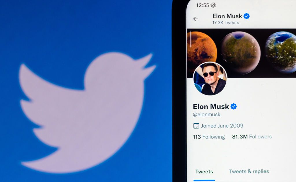 Twitter logo and smartphone displaying Elon Musk&amp;#039;s Twitter profile