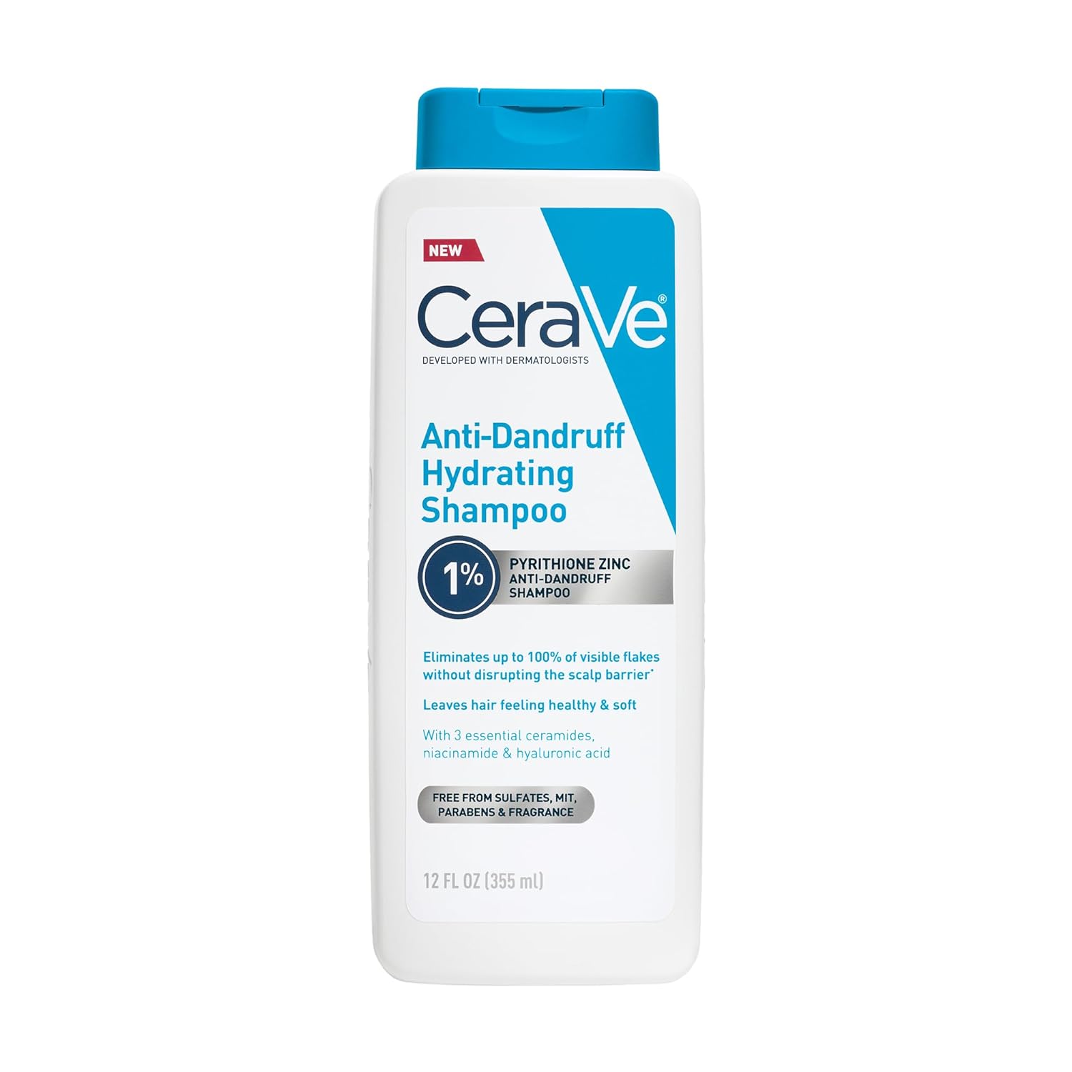 Cerave Hydrating Anti Dandruff Shampoo, 1% Pyrithione Zinc Dandruff Treatment With Ceramides, Niacinamide &amp;amp; Hyaluronic Acid, Helps Eliminate Flakes &amp;amp; Provides Itchy Scalp Relief, Sulfate Free, 12 Oz