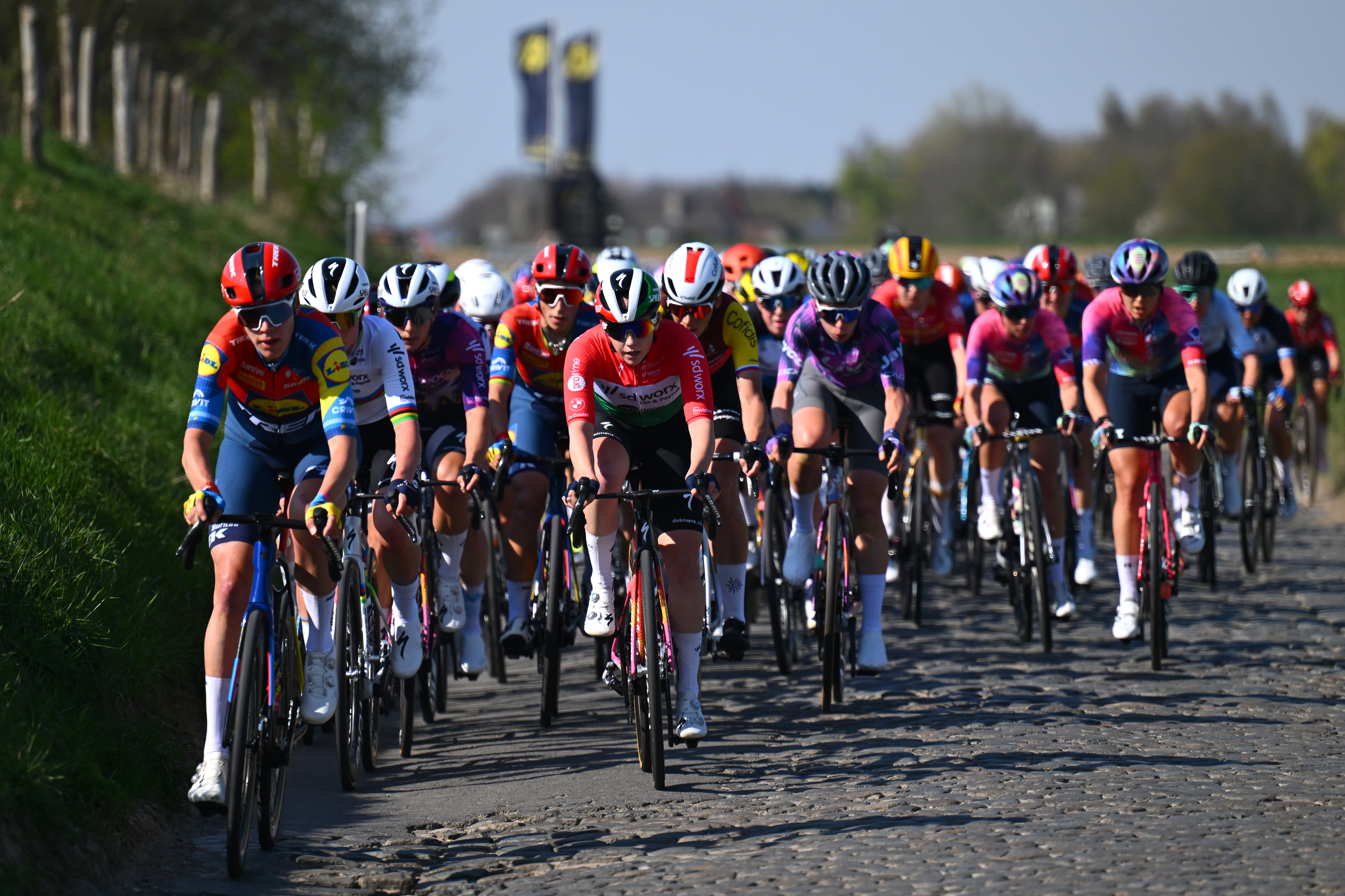 WAREGEM, BELGIUM - APRIL 02: (L-R) Ellen Van Dijk of Netherlands and Team Lidl - Trek and Blanka Vas of Hungary and Team SD Worx - Protime lead the peloton during the 13rd Dwars door Vlaanderen 2025 - Women&amp;amp;apos;s Elite a 128.5km one day race from Waregem to Waregem / #UCIWWT / on April 02, 2025 in Waregem, Belgium. (Photo by Luc Claessen/Getty Images)