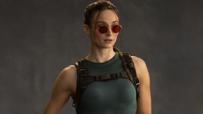 A professional image of Sophie Turner wearing Lara Croft's classic costume in Prime Video's Tomb Raider TV show