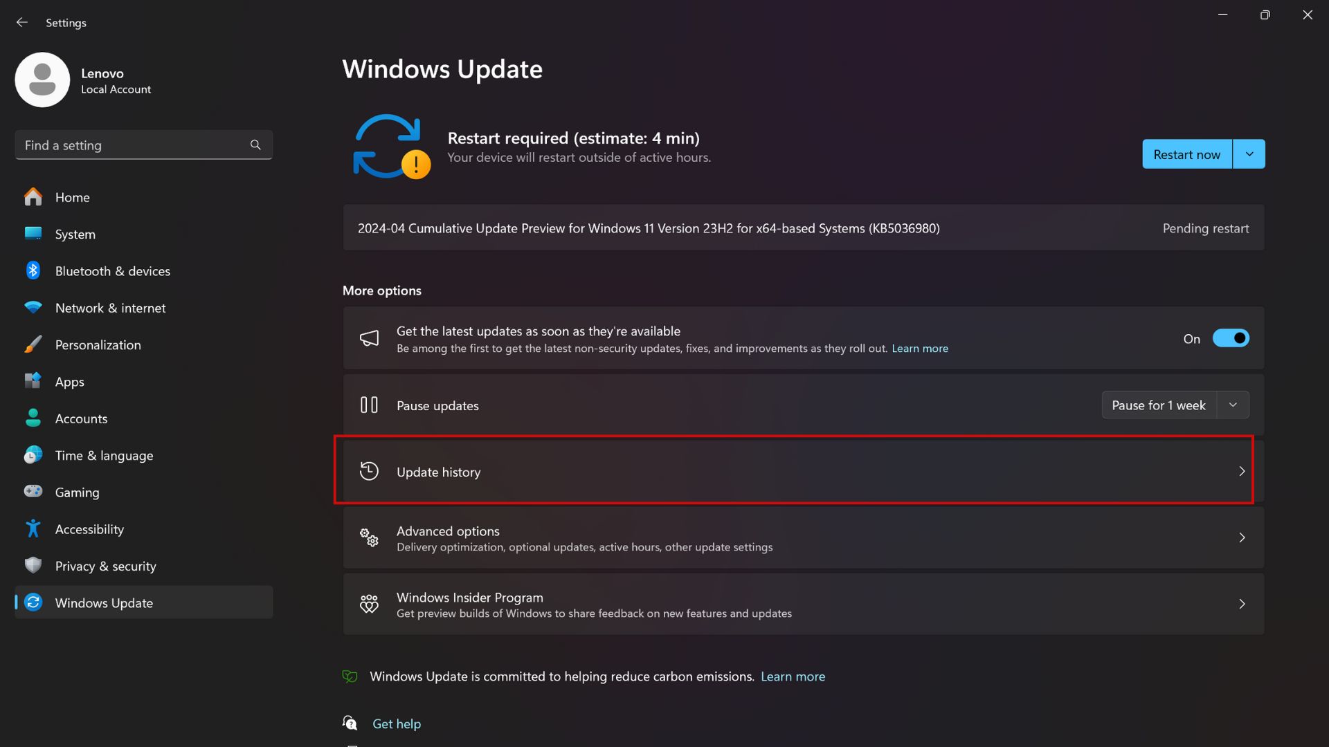 finding update history in windows update menu