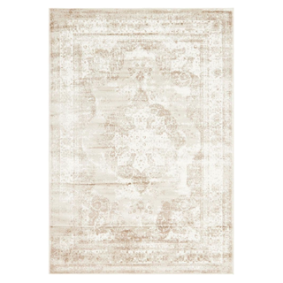 A white and beige warm neutral patterned area rug