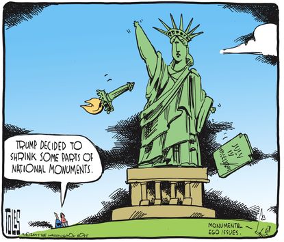 Political cartoon U.S. Trump national monuments Lady Liberty Bears Ears