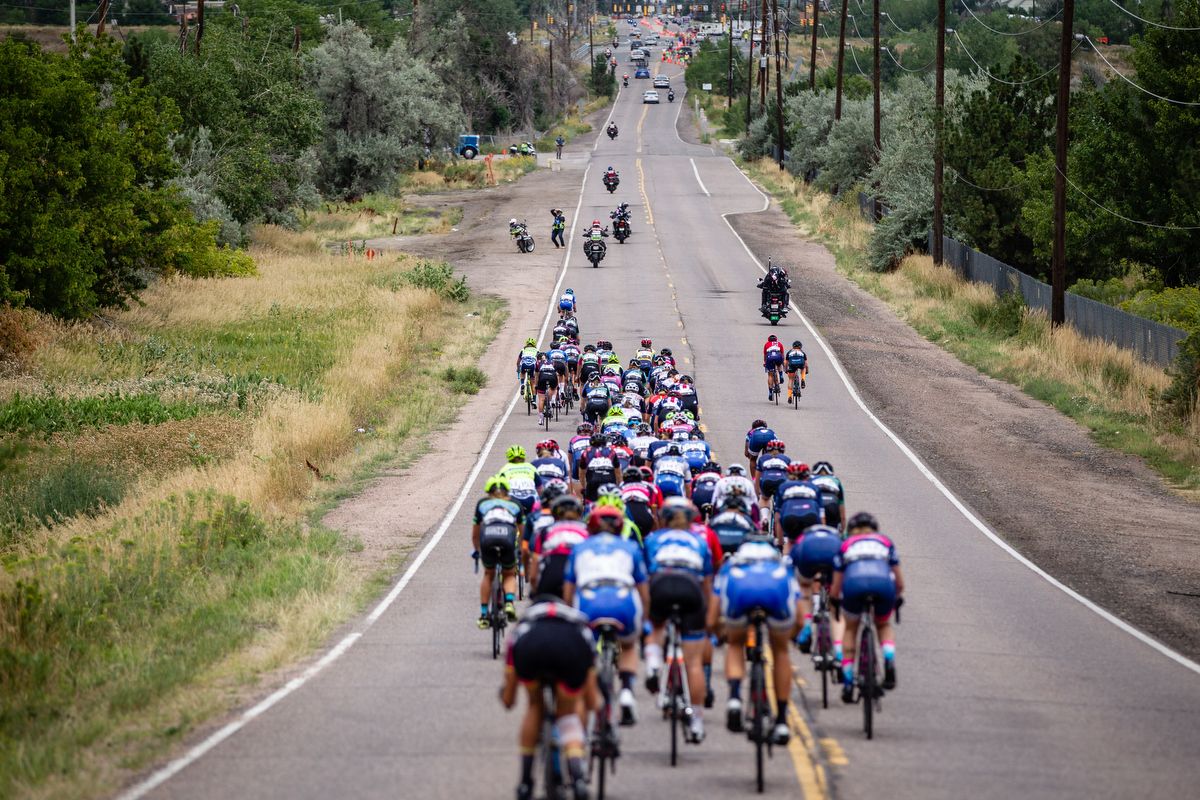 The front fo the field begins to split up on stage 3 of the Colorado Classic on August 24, 2019 in Golden, Colorado.