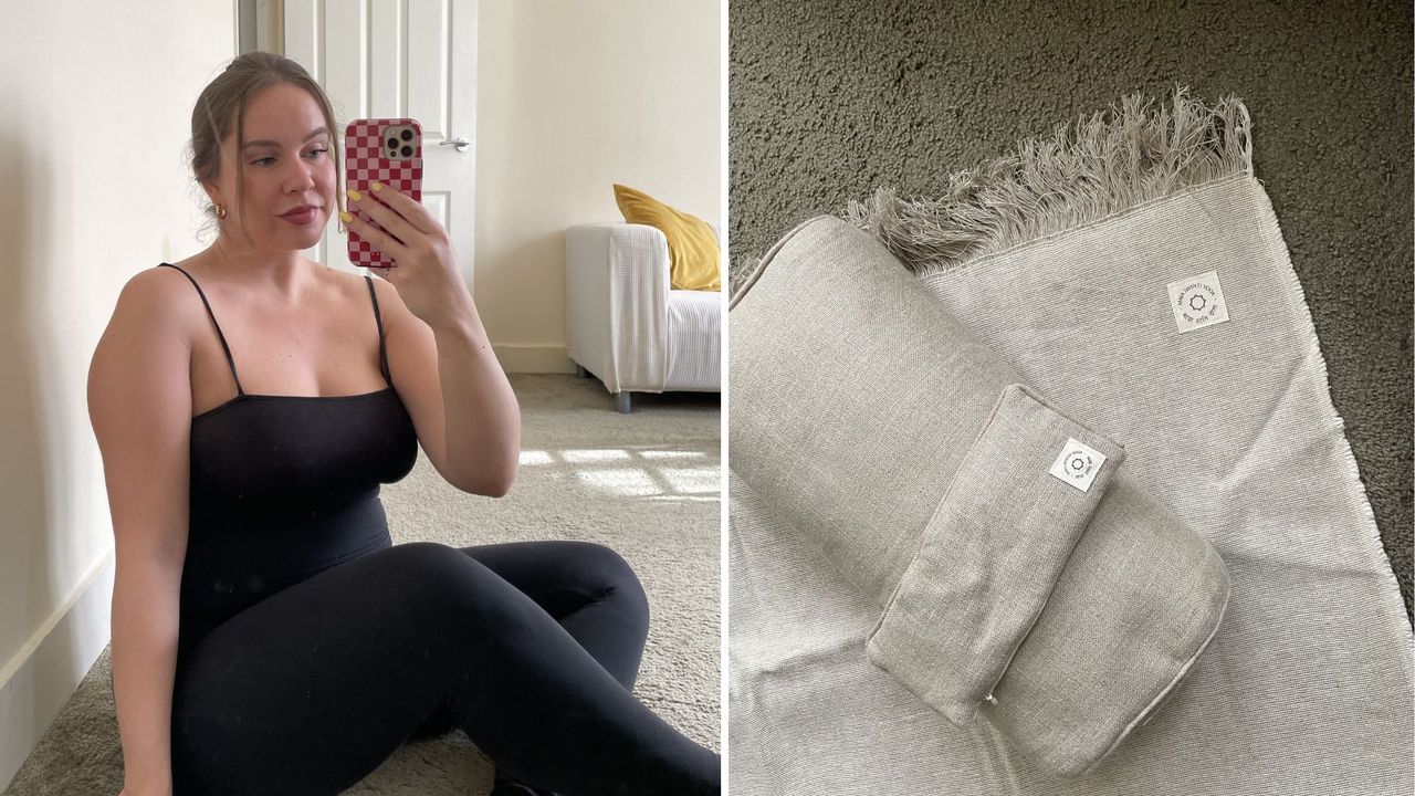 Valeza wearing workout clothes and her pilates equipment after a pregnancy pilates workout