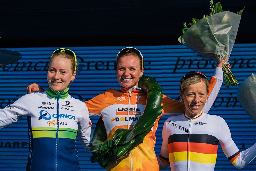 The top three: Chantal Blaak, Gracie Elvin and Trixi Worrack at Ronde van Drenthe