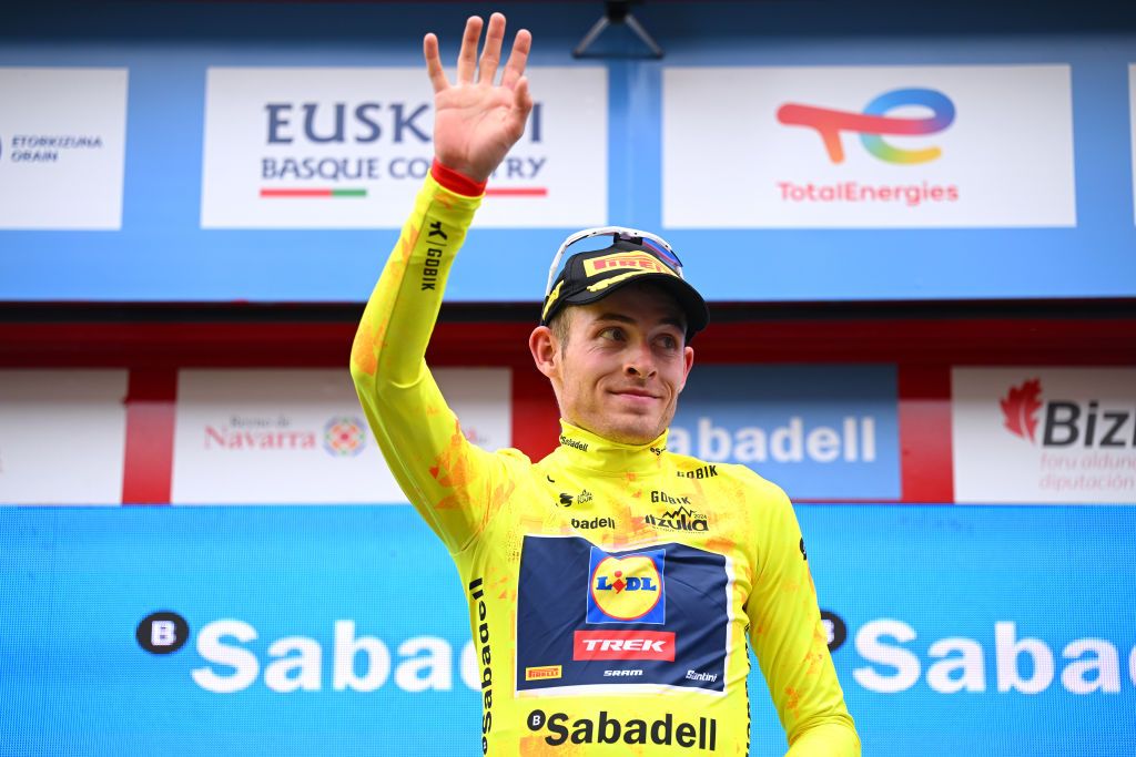 AMOREBIETA ETXANO SPAIN APRIL 05 Mattias Skjelmose of Denmark and Team Lidl Trek Yellow Leader Jersey celebrates at podium during the 63rd Itzulia Basque Country 2024 Stage 5 a 1759km stage from VitoriaGasteiz to AmorebietaEtxano UCIWT on April 05 2024 in AmorebietaEtxano Spain Photo by Tim de WaeleGetty Images