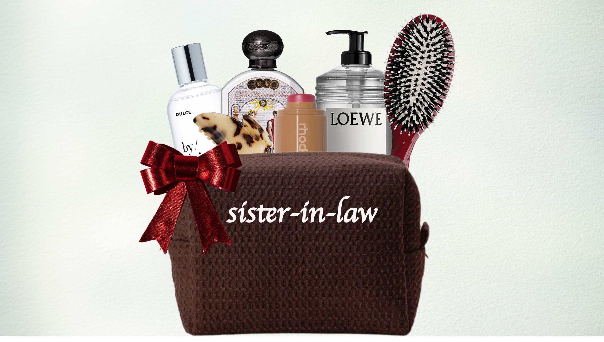 a makeup bag for your sister in law filled with beauty gifts on a green and blue background