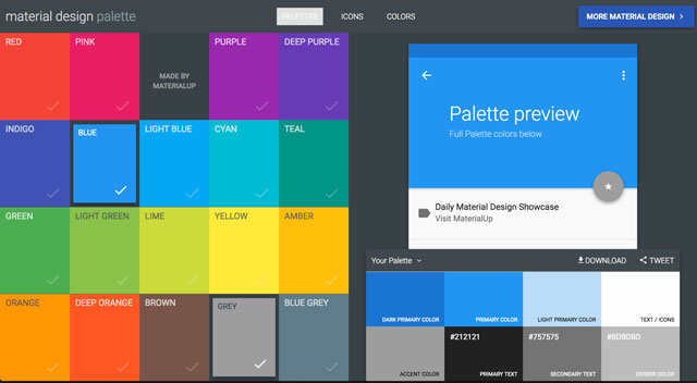 Material Design Palette selection screen