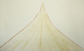 Pencil crayon artwork in shades of brown of a long straight road heading into the distance with a wide-angle perspective and several dips in the road