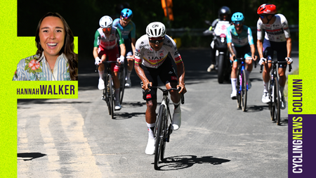 Photo of Jhonatan Narvaez attacking the breakaway during a stage of the Giro d'Italia, overlaid with Cyclingnews column graphics and a smiling photo of Hannah Walker