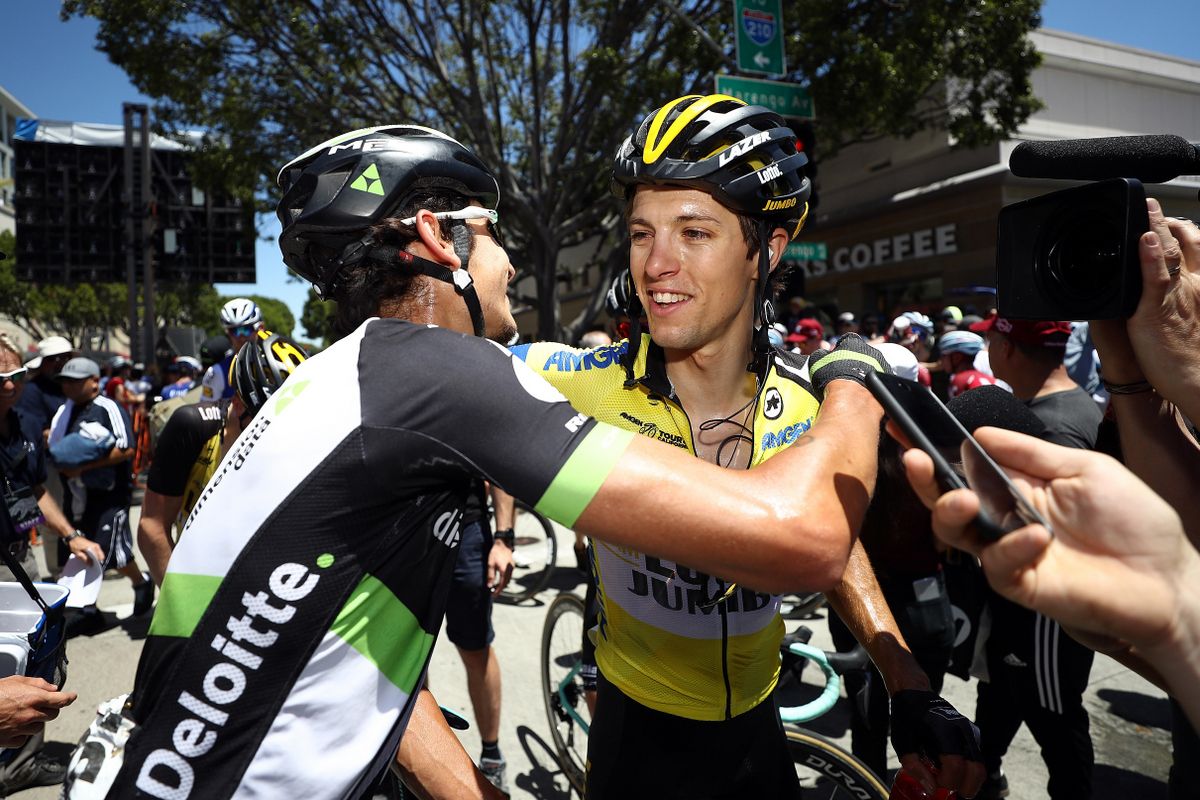 Lachlan Morton congratulates George Bennett on the win