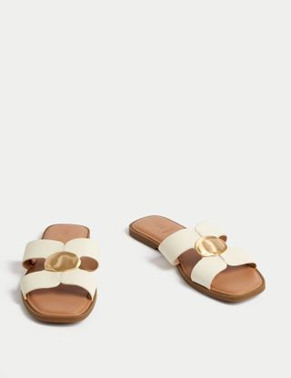M&S Collection, Leather Metal Trim Flat Open Toe Mules