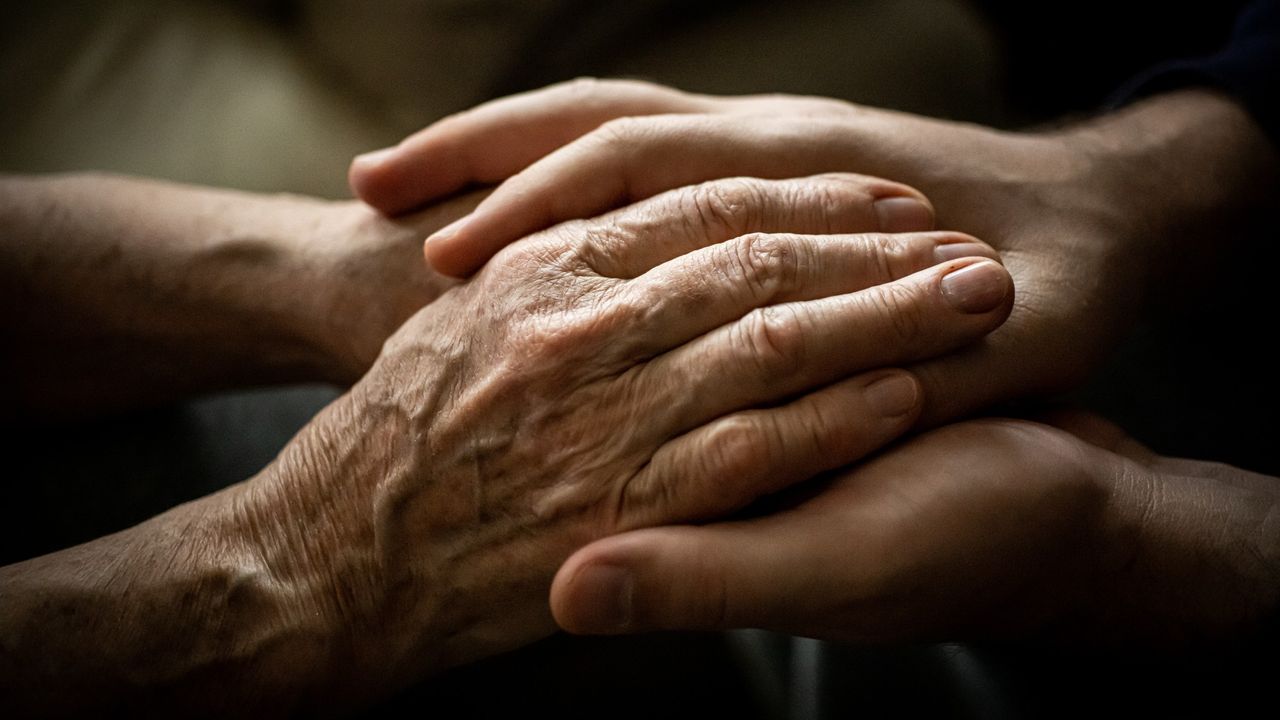 Close-up on the hands of a younger person holding an older person&#039;s hands