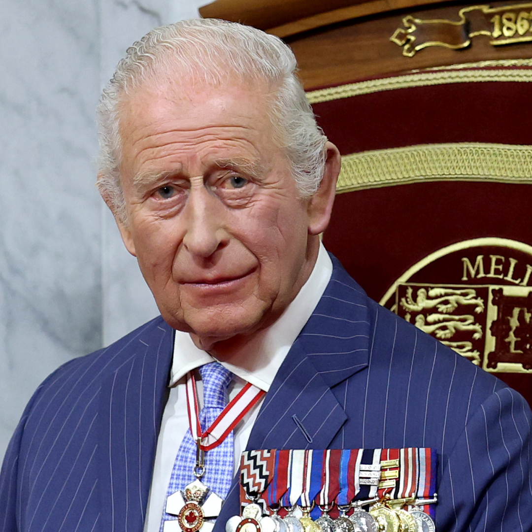 King Charles wearing a blue striped suit and medals