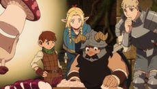 A still from the Netflix anime series Delicious in Dungeon, one of the best anime, showing characters crowded around looking at character Senshi on the floor, a dwarf warrior wearing a metal helmet.