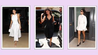 Kylie Jenner outfits: Kylie wearing a white, pleated dress, a black halter neck pleated dress and a white shirt and pleated skirt co ord in a purple, 3-picture template