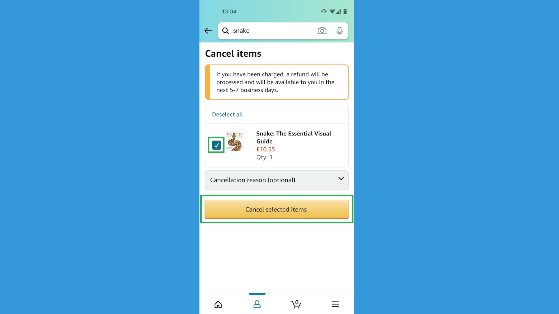 How to cancel an Amazon order on mobile step 4: Make sure the items you want to cancel are checked, then tap Cancel selected items