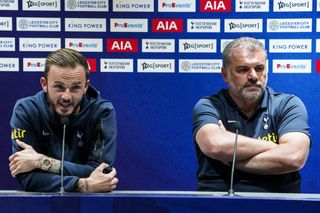 Tottenham Hotspur players James Maddison (R) and manager Angelos Postecoglou (L) attends a press conference for the pre-season tour soccer match between Tottenham Hotspur and Leicester City at Rajamangala National Stadium in Bangkok, Thailand, 22 July 2023. (Photo by Anusak Laowilas/NurPhoto via Getty Images)