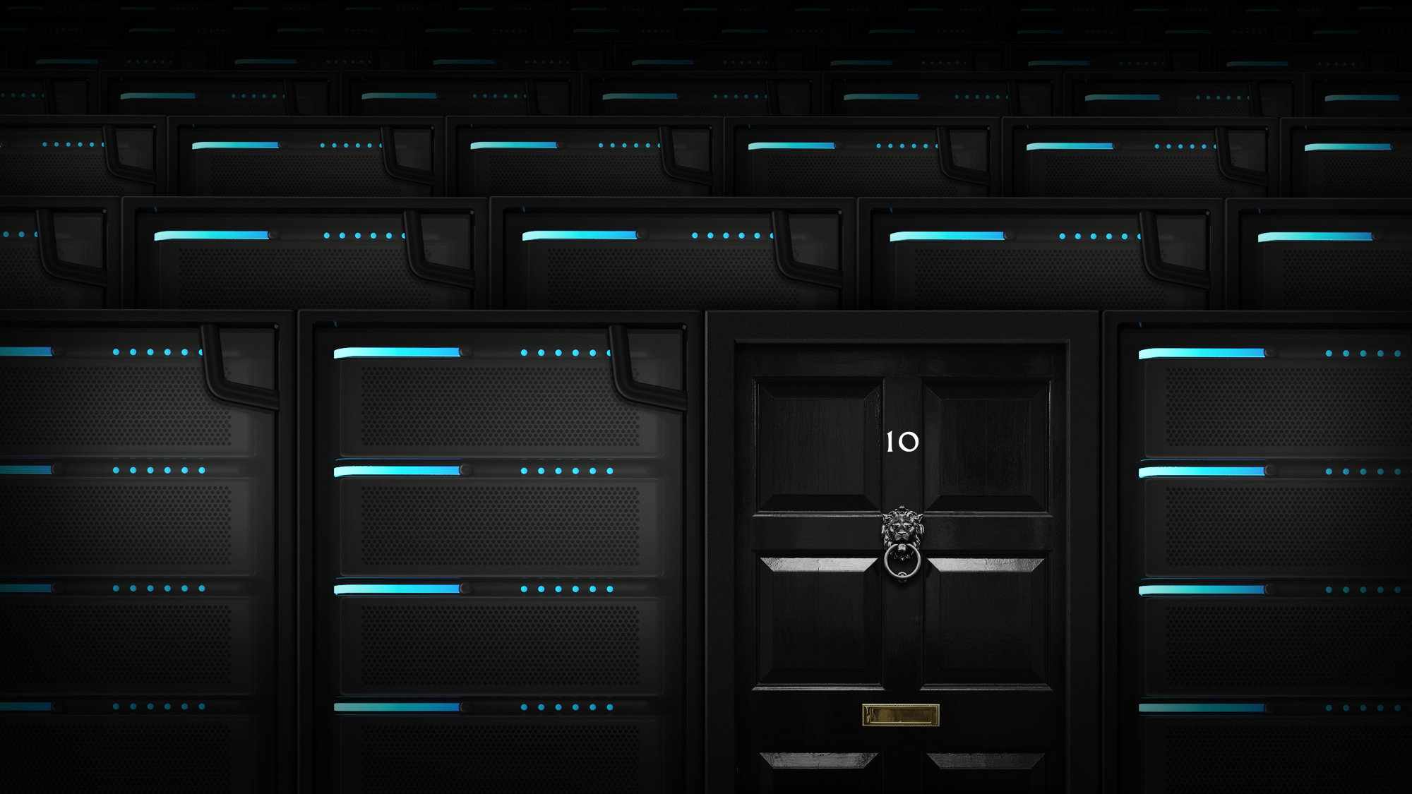 Illustration of 10 Downing Street's front door nestled amid computer data banks